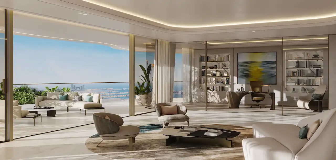 Luxury home office and living space at COMO Residences on Palm Jumeirah, featuring a refined workspace, floor-to-ceiling glass, elegant interiors, and panoramic Gulf views. Presented by Tohid Fetrat.