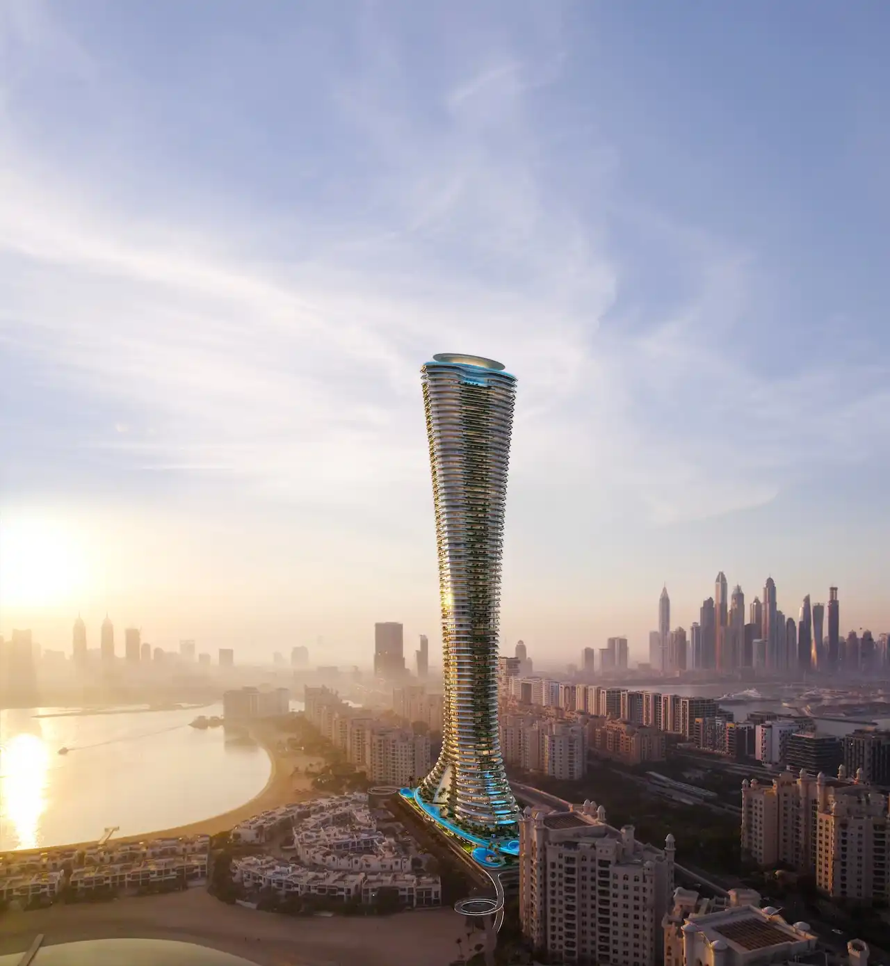 Aerial sunset view of COMO Residences tower highlighting its slender sculpted form, elevated pool terraces, beachfront base, and expansive Gulf and Dubai skyline surroundings on Palm Jumeirah. Presented by Tohid Fetrat.