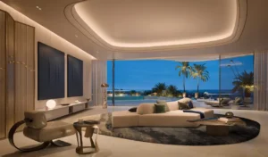 Ultra-luxury living room at COMO Residences on Palm Jumeirah featuring sculptural designer seating, curated wall art, ambient ceiling lighting, and floor-to-ceiling glass opening to a private terrace with Gulf views at night. Presented by Tohid Fetrat.