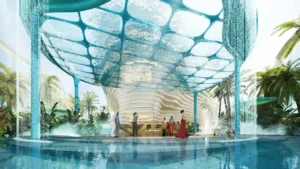 DAMAC Casa luxury infinity pool with water bar, cascading water features, palm landscaping, and sculptural canopy design creating a resort-style lifestyle experience in Dubai. Presented by Tohid Fetrat.