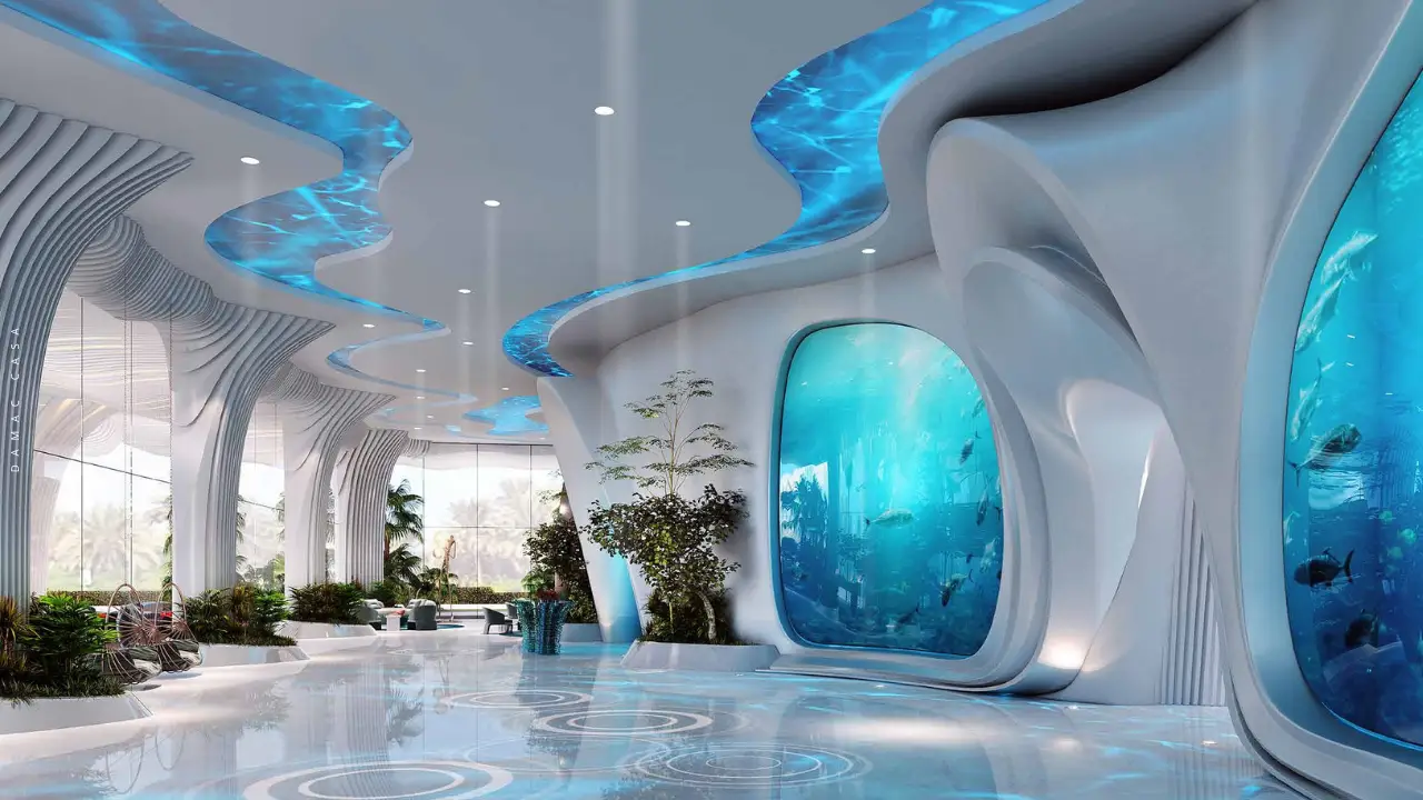 DAMAC Casa luxury lobby interior featuring fluid architectural forms, aquatic-inspired ceiling design, immersive aquarium-style walls, and a resort-style atmosphere in Dubai. Presented by Tohid Fetrat.