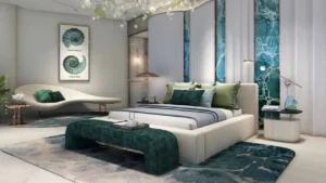 DAMAC Casa luxury master bedroom featuring an aquatic-inspired interior design, custom upholstered bed, teal accent panels, refined lighting, and a serene modern luxury atmosphere in Dubai. Presented by Tohid Fetrat.