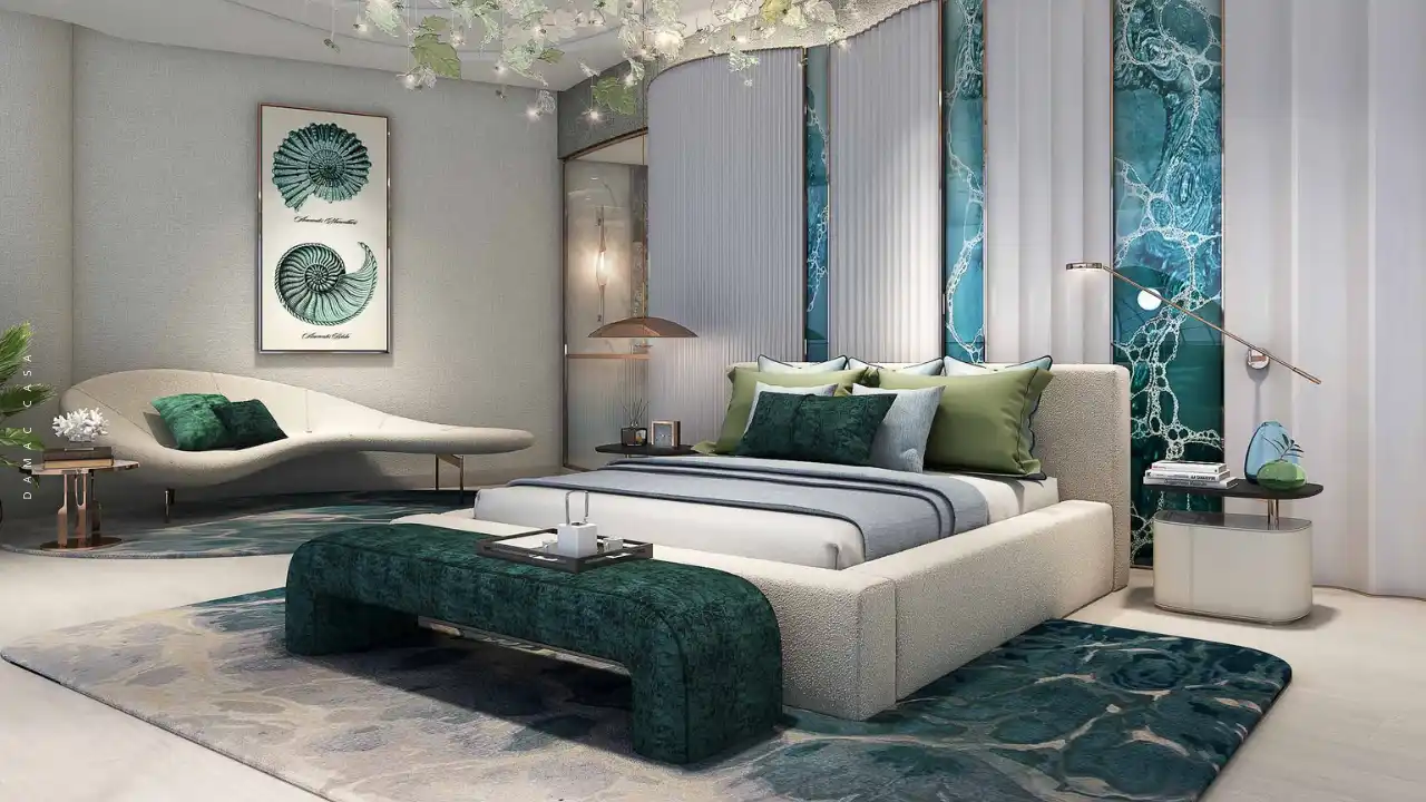 DAMAC Casa luxury master bedroom featuring an aquatic-inspired interior design, custom upholstered bed, teal accent panels, refined lighting, and a serene modern luxury atmosphere in Dubai. Presented by Tohid Fetrat.