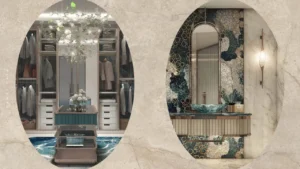DAMAC Casa luxury walk-in closet and designer vanity area featuring bespoke cabinetry, sculptural lighting, mosaic stone finishes, and refined aquatic-inspired detailing in a modern Dubai residence. Presented by Tohid Fetrat.
