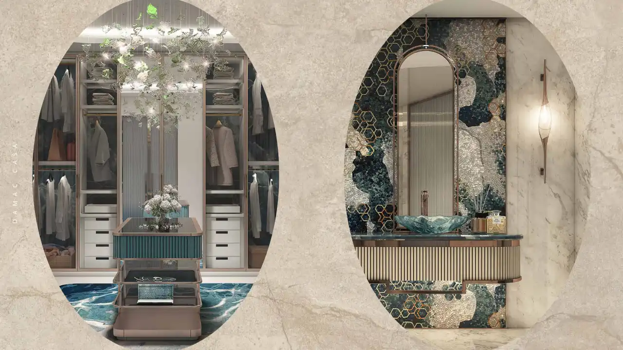 DAMAC Casa luxury walk-in closet and designer vanity area featuring bespoke cabinetry, sculptural lighting, mosaic stone finishes, and refined aquatic-inspired detailing in a modern Dubai residence. Presented by Tohid Fetrat.