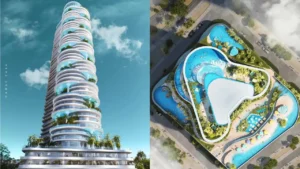 DAMAC Casa luxury residential tower with sculpted waterfront architecture and resort-style podium amenities, showcasing elevated swimming pools and landscaped leisure zones in Dubai. Presented by Tohid Fetrat.