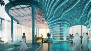 DAMAC Casa underwater-inspired lobby featuring fluid architectural columns, illuminated ceiling with water-like reflections, and a futuristic luxury arrival experience in Dubai. Presented by Tohid Fetrat.