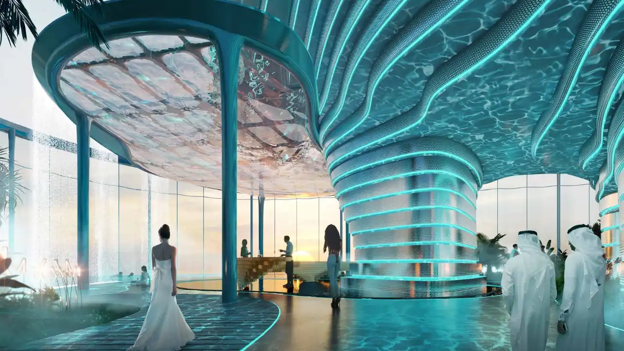 DAMAC Casa underwater-inspired lobby featuring fluid architectural columns, illuminated ceiling with water-like reflections, and a futuristic luxury arrival experience in Dubai. Presented by Tohid Fetrat.