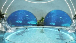 DAMAC Casa kapalı yüzme havuzu; su altı temalı tasarımı, akvaryum görünümlü duvarları ve Dubai’de resort tarzı wellness deneyimi sunan özel olanaklarıyla öne çıkar. Tohid Fetrat tarafından sunulmuştur.