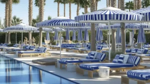 Poolside view at DAMAC Chelsea Residences Blue Beach Club featuring striped loungers, shaded umbrellas, and palm lined surroundings designed for a refined outdoor leisure experience in Dubai, Presented by Tohid Fetrat