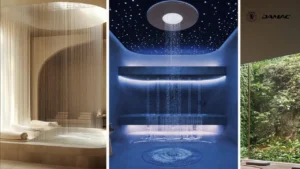 Interior view of the rain therapy wellness space at DAMAC Chelsea Residences featuring immersive rainfall showers, ambient lighting, refined spa finishes, and a tranquil recovery environment in Dubai, Presented by Tohid Fetrat