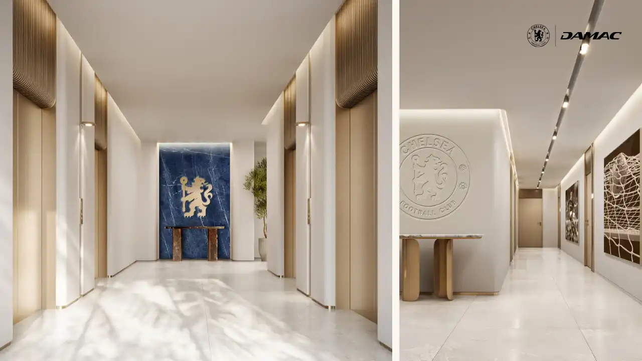 Interior view of the sensorial Chelsea corridors at DAMAC Chelsea Residences featuring refined hallway design, soft ambient lighting, branded Chelsea wall details, and contemporary architectural finishes in Dubai, Presented by Tohid Fetrat