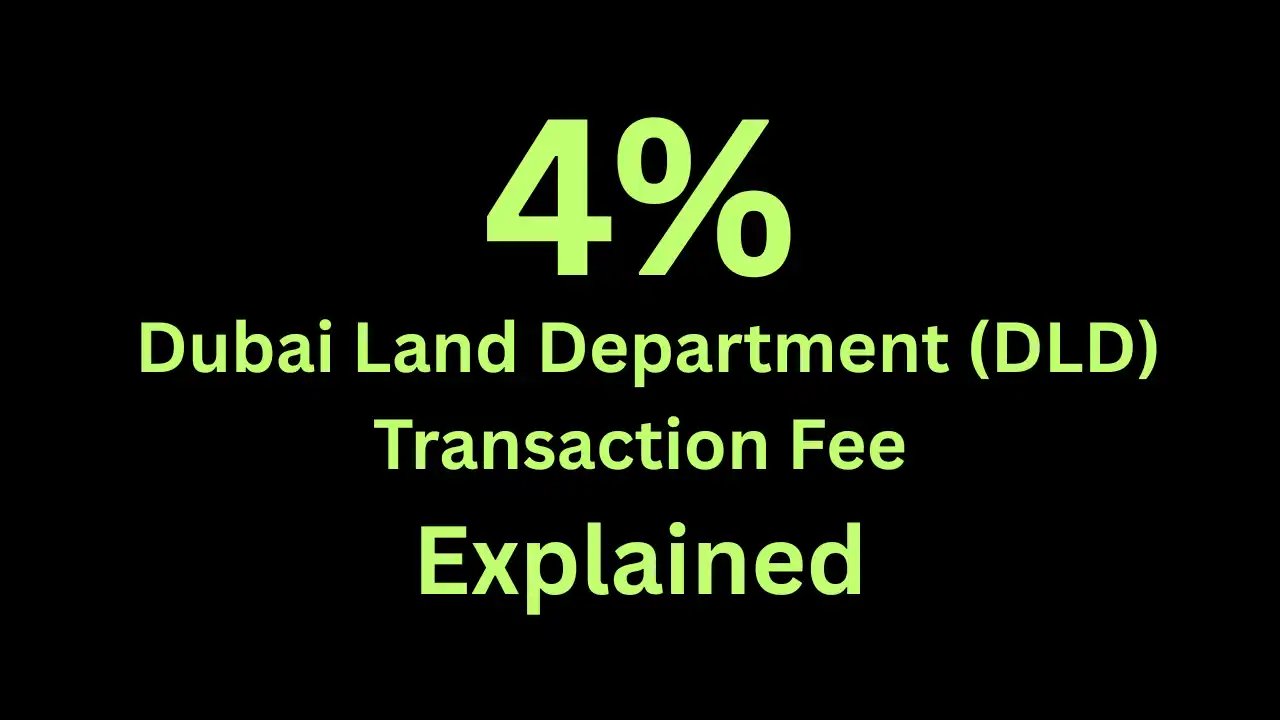 Infographic explaining the 4 percent Dubai Land Department DLD transaction fee applied to property transfers in Dubai using clear typography on a dark background for investor clarity. Presented by Tohid Fetrat.