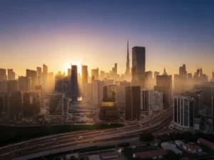 Aerial skyline view of Dubai near Haus of Tenet at sunset, featuring Burj Khalifa, surrounding high-rise towers, and golden-hour city light, presented by Tohid Fetrat