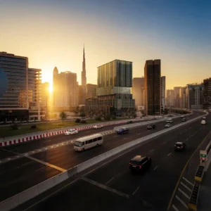 Aerial front sunset view of Haus of Tenet by IRTH in Business Bay with Sheikh Zayed Road traffic and the Burj Khalifa skyline in the background, presented by Tohid Fetrat