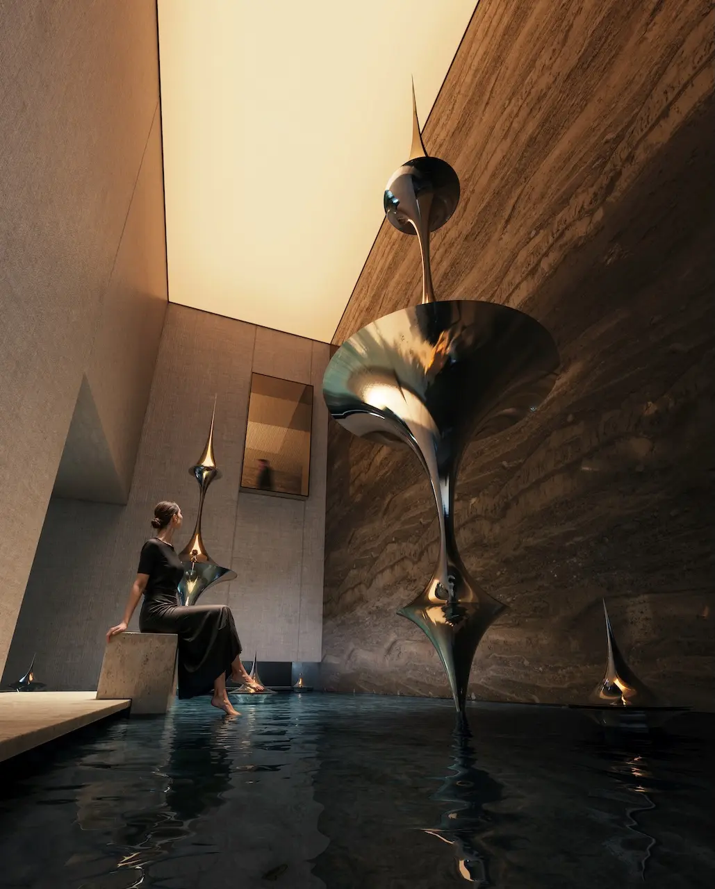 Artistic atrium interior at Haus of Tenet by IRTH featuring sculptural installations, reflective water elements, and a serene luxury atmosphere in Business Bay, Dubai, presented by Tohid Fetrat