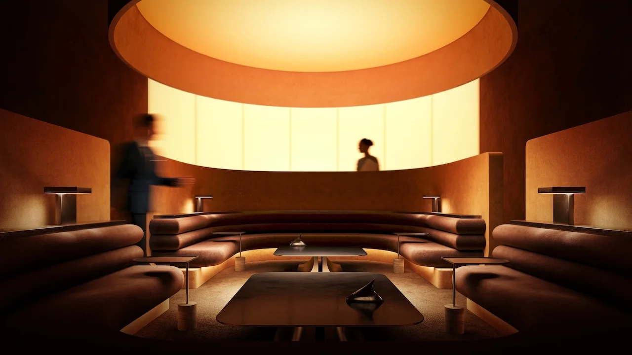 Bunker-style seating lounge at Haus of Tenet by IRTH featuring curved architectural forms, warm ambient lighting, and a refined private atmosphere in Business Bay, Dubai, presented by Tohid Fetrat