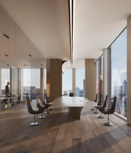 Executive boardroom at Haus of Tenet by IRTH featuring a sculptural meeting table, floor-to-ceiling glass walls, and panoramic Business Bay skyline views in Dubai, presented by Tohid Fetrat