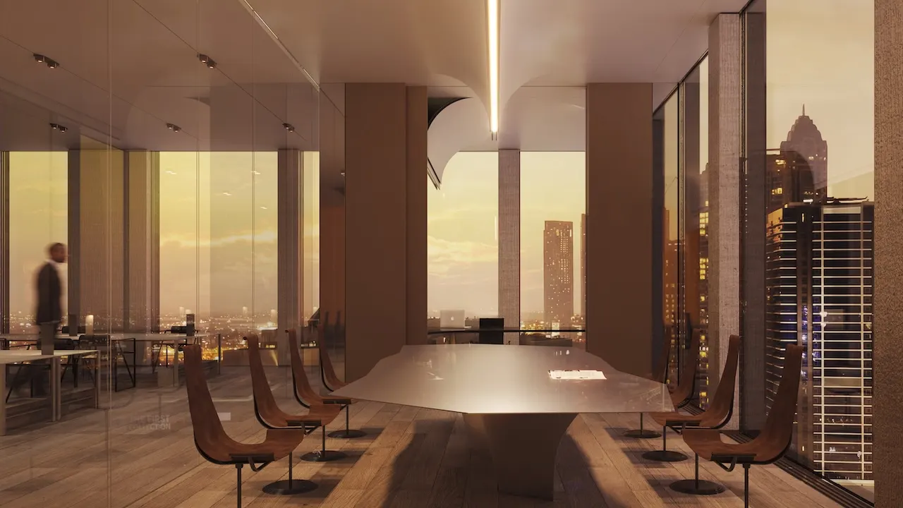 Executive office interior at Haus of Tenet by IRTH featuring a refined boardroom setting with floor-to-ceiling glass, city skyline views, and contemporary finishes in Business Bay, Dubai, presented by Tohid Fetrat