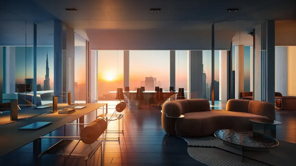 Sunset interior view of an executive office at Haus of Tenet by IRTH in Business Bay, Dubai, featuring refined contemporary furniture, panoramic skyline views, and warm evening light, presented by Tohid Fetrat