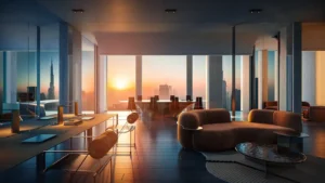Sunset interior view of an executive office at Haus of Tenet by IRTH in Business Bay, Dubai, featuring refined contemporary furniture, panoramic skyline views, and warm evening light, presented by Tohid Fetrat