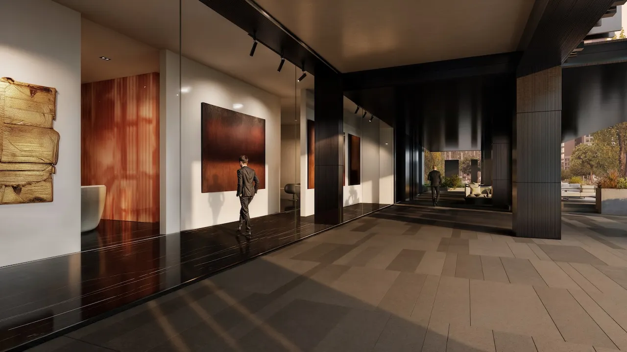 Food and beverage space at Haus of Tenet by IRTH in Business Bay, Dubai, featuring curated art displays, refined interior finishes, and a contemporary corridor designed for upscale dining and social experiences, presented by Tohid Fetrat