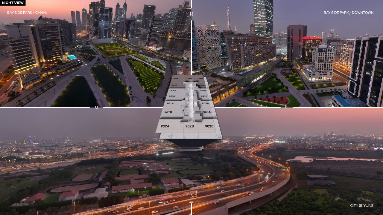 Night view location montage of Haus of Tenet by IRTH in Business Bay, Dubai, showcasing Bayside Park, canal frontage, Downtown skyline, and city connections, highlighting the project’s prime urban positioning, presented by Tohid Fetrat