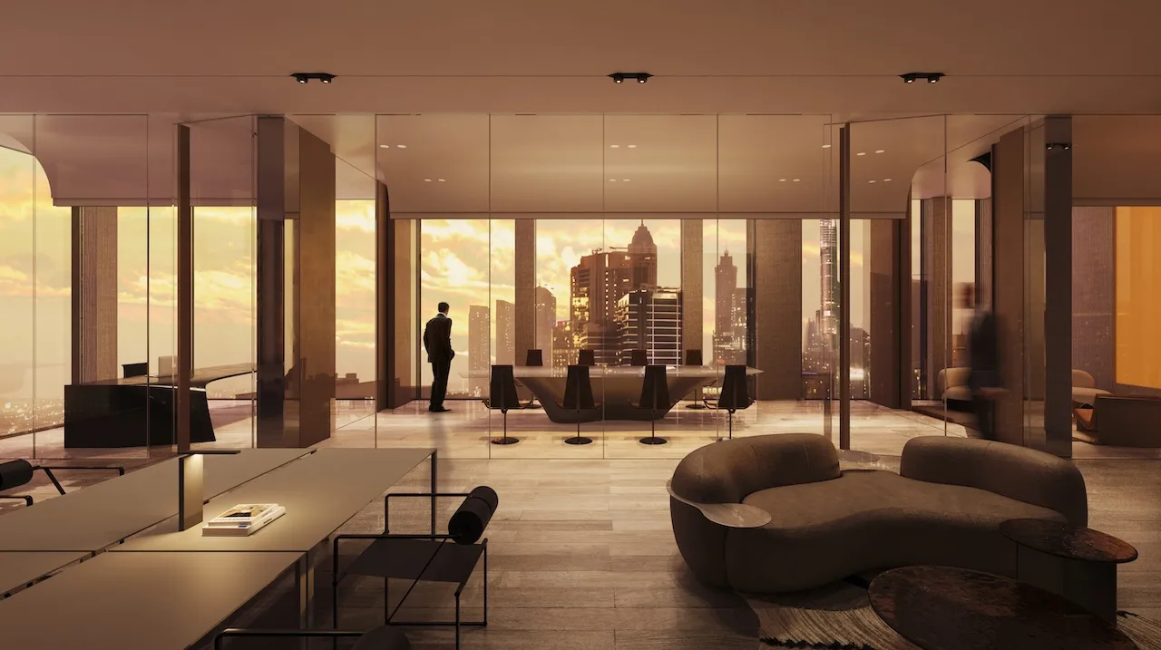 Modern office interior at Haus of Tenet by IRTH featuring an open-plan workspace, contemporary furniture, glass partitions, and panoramic Business Bay skyline views at sunset in Dubai, presented by Tohid Fetrat