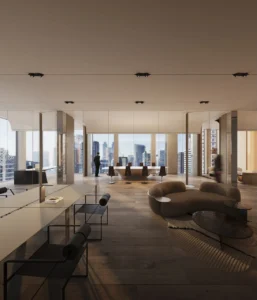 Daytime office interior at Haus of Tenet by IRTH featuring contemporary workspace design, floor-to-ceiling windows, and panoramic city views in Business Bay Dubai, presented by Tohid Fetrat