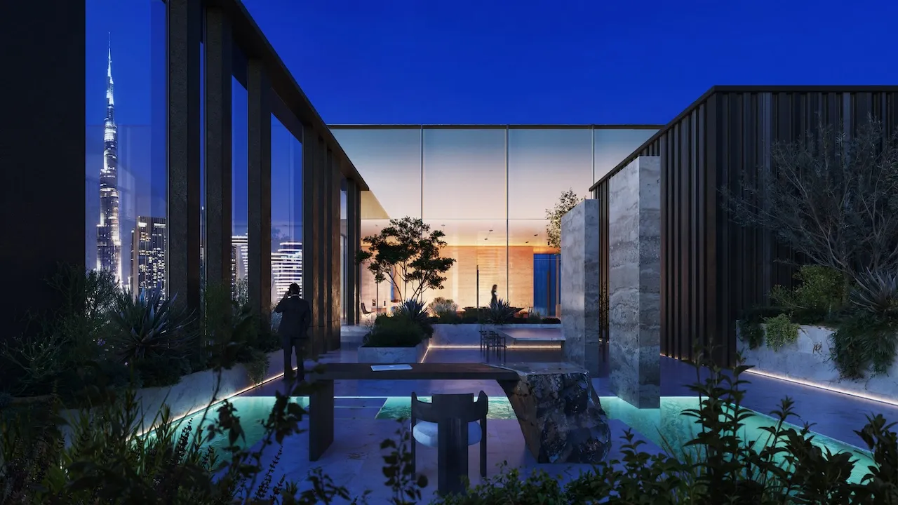 Penthouse CEO garden at Haus of Tenet by IRTH in Business Bay, Dubai, featuring a landscaped private terrace, water elements, modern architecture, and Burj Khalifa views, presented by Tohid Fetrat