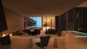 Penthouse CEO office at Haus of Tenet by IRTH in Business Bay, Dubai, featuring a private executive workspace with lounge seating, fireplace, water features, and contemporary architectural design, presented by Tohid Fetrat