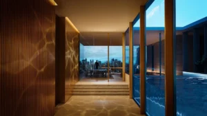 Penthouse residence at Haus of Tenet by IRTH in Business Bay, Dubai, featuring a private indoor pool, floor-to-ceiling glass walls, warm architectural lighting, and panoramic city views, presented by Tohid Fetrat