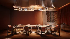 Private dining room at Haus of Tenet by IRTH in Business Bay, Dubai, featuring a sculptural designer dining table, bespoke lighting installation, refined materials, and an intimate luxury setting, presented by Tohid Fetrat