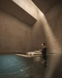 Luxury spa treatment room at Haus of Tenet by IRTH in Business Bay, Dubai, featuring tranquil water elements, refined stone textures, and a minimalist wellness-focused interior designed for executive relaxation, presented by Tohid Fetrat