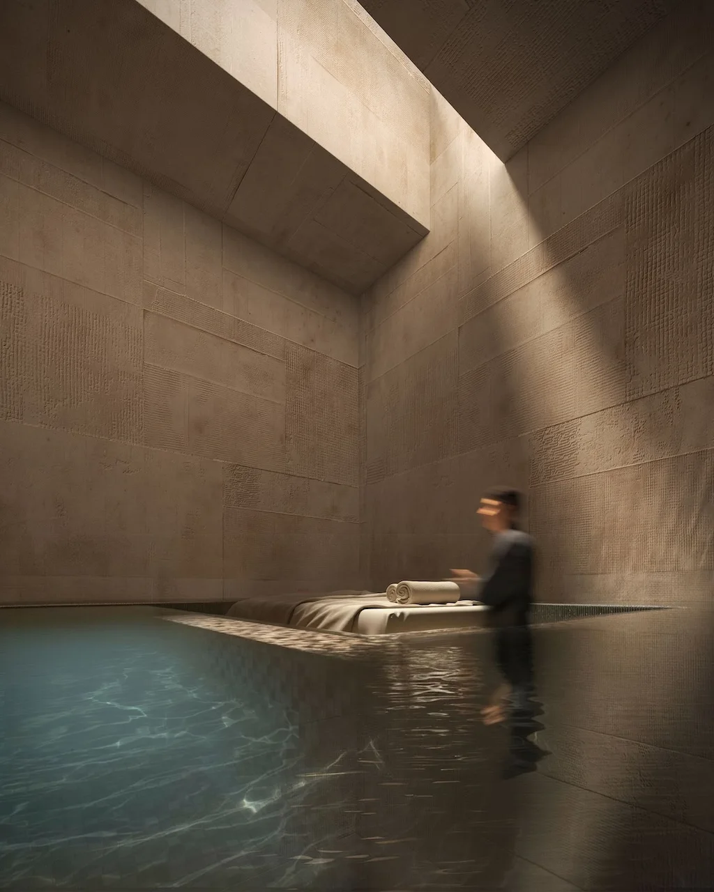 Luxury spa treatment room at Haus of Tenet by IRTH in Business Bay, Dubai, featuring tranquil water elements, refined stone textures, and a minimalist wellness-focused interior designed for executive relaxation, presented by Tohid Fetrat