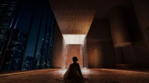 Luxury spa vitality pool at Haus of Tenet by IRTH in Business Bay, Dubai, featuring a dramatic indoor water feature, warm architectural tones, and a tranquil wellness atmosphere designed for relaxation and rejuvenation, presented by Tohid Fetrat