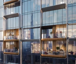 Close up view of balconies at HQ by Rove highlighting curved glass railings, warm wood finishes, and transparent facade design in Dubai, Presented by Tohid Fetrat