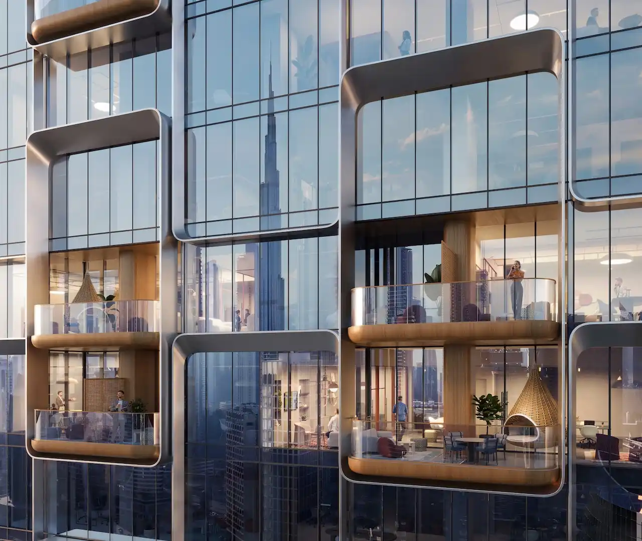 Close up view of balconies at HQ by Rove highlighting curved glass railings, warm wood finishes, and transparent facade design in Dubai, Presented by Tohid Fetrat