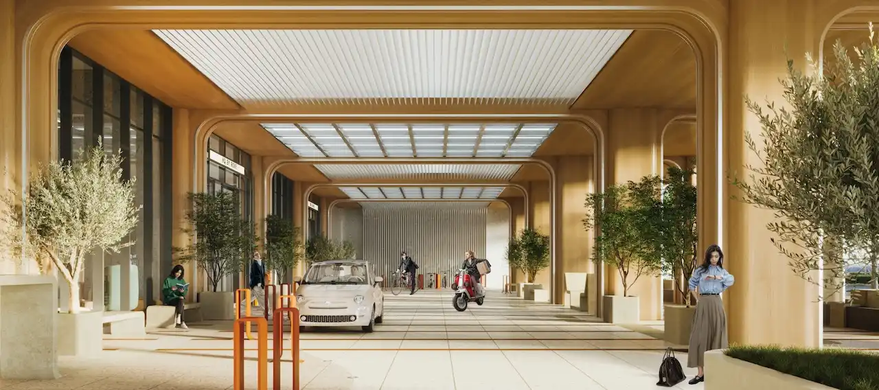 Covered arrival plaza at HQ by Rove featuring warm timber architecture, landscaped planters, and a pedestrian friendly circulation zone in Dubai, Presented by Tohid Fetrat