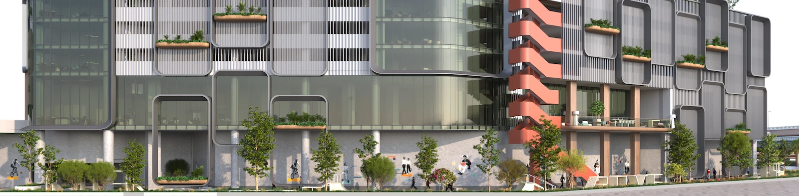 Exterior architecture of HQ by Rove featuring a contemporary facade with layered balconies, integrated greenery, and modern urban design in Dubai, Presented by Tohid Fetrat