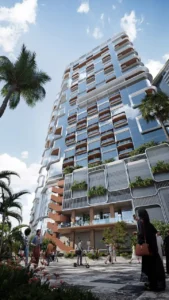 Street level exterior of HQ by Rove showcasing a contemporary tower with sculpted balconies, landscaped podium, and active pedestrian surroundings in Dubai, Presented by Tohid Fetrat