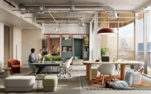 Flexible workspace interior at HQ by Rove featuring shared desks, lounge seating, indoor greenery, and large windows with natural light in Dubai, Presented by Tohid Fetrat