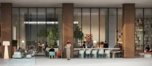 Ground floor food hall at HQ by Rove featuring a vibrant communal dining space with modern seating, warm materials, and an open social atmosphere in Dubai, Presented by Tohid Fetrat