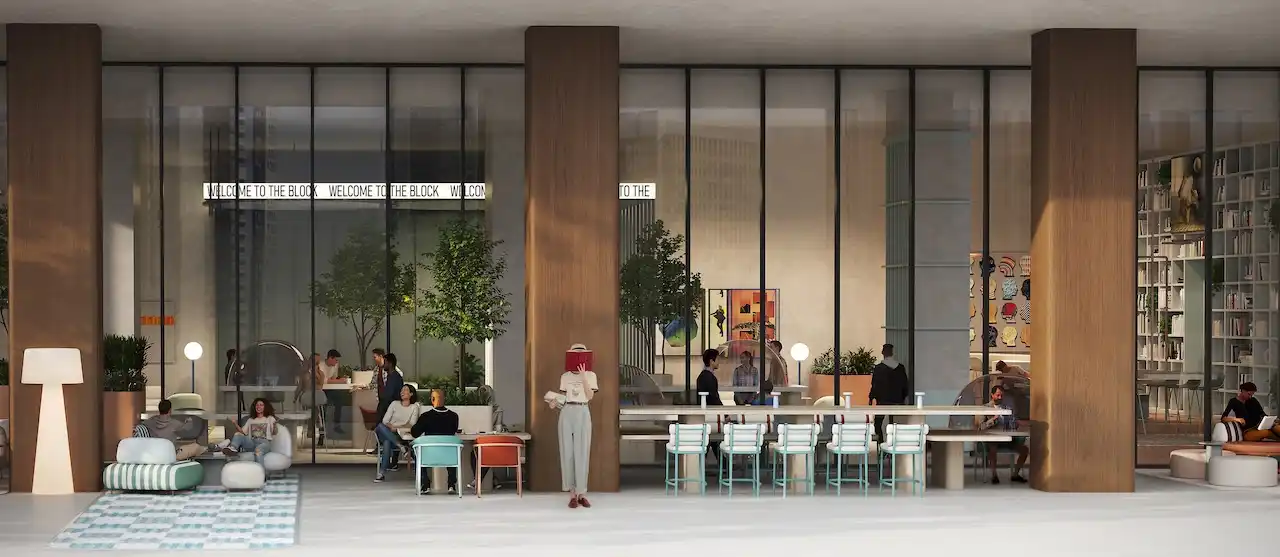 Ground floor food hall at HQ by Rove featuring a vibrant communal dining space with modern seating, warm materials, and an open social atmosphere in Dubai, Presented by Tohid Fetrat