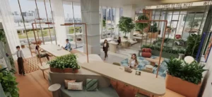 Food hall interior at HQ by Rove featuring a bright social space with shared tables, indoor greenery, floor to ceiling windows, and relaxed seating in Dubai, Presented by Tohid Fetrat