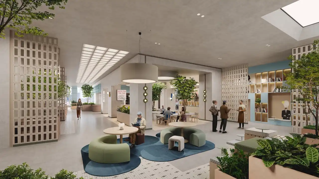 Food hall social seating area at HQ by Rove with circular lounge furniture, indoor greenery, open walkways, and a calm collaborative atmosphere in Dubai, Presented by Tohid Fetrat