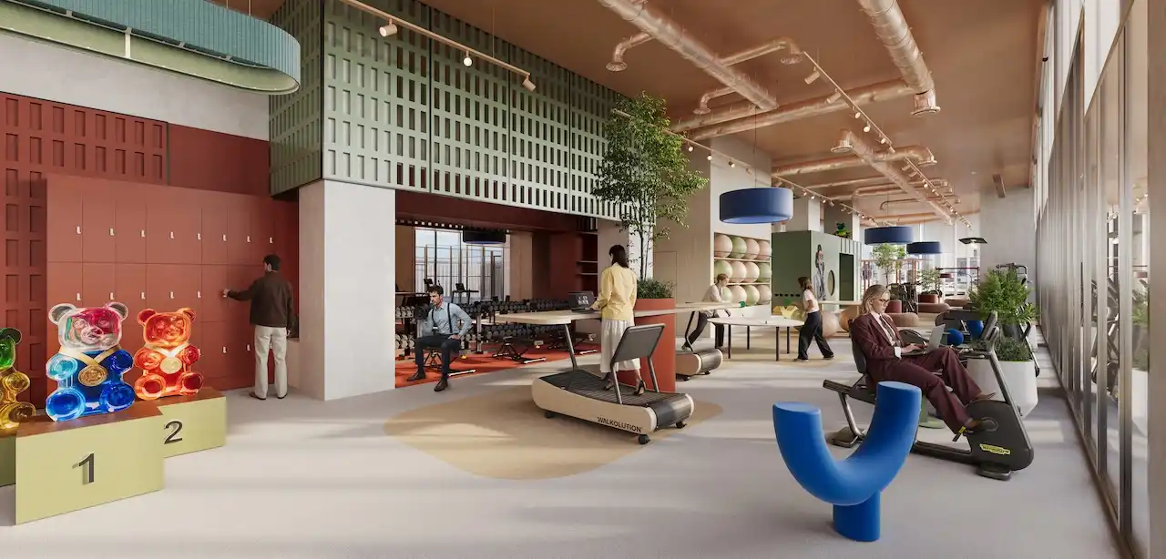 Gym and wellness area at HQ by Rove featuring treadmills, strength equipment, indoor greenery, and an active work lifestyle environment in Dubai, Presented by Tohid Fetrat
