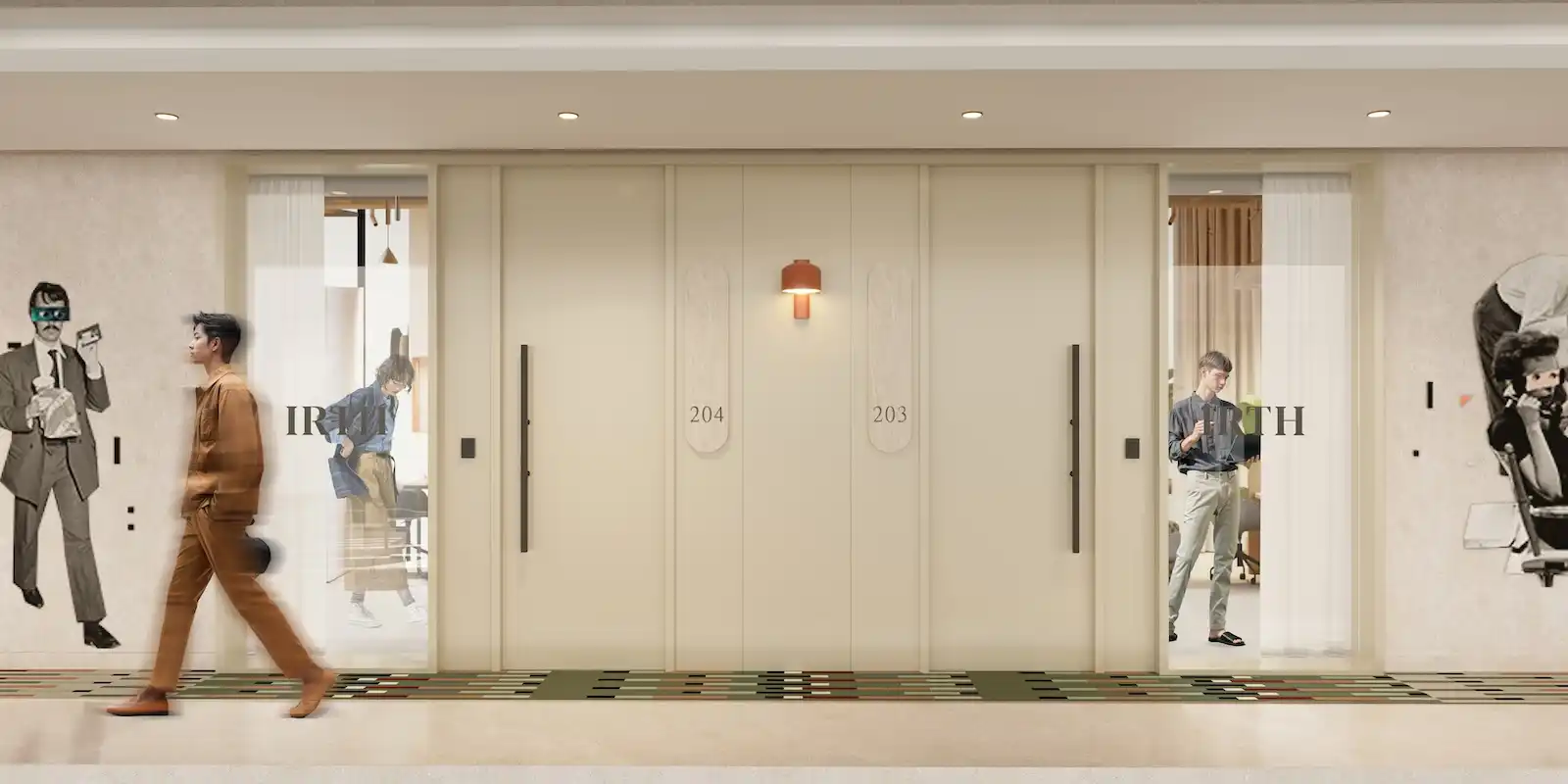 Interior corridor at HQ by Rove featuring a contemporary hallway design with soft lighting, textured walls, and artistic details in Dubai, Presented by Tohid Fetrat