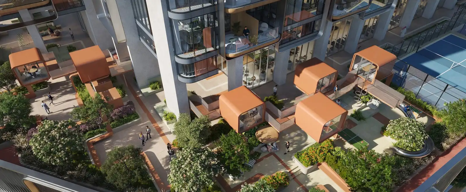 HQ by Rove outdoor activations podium with modular social pods, landscaped gardens, and community gathering spaces integrated into the building podium in Dubai, Presented by Tohid Fetrat