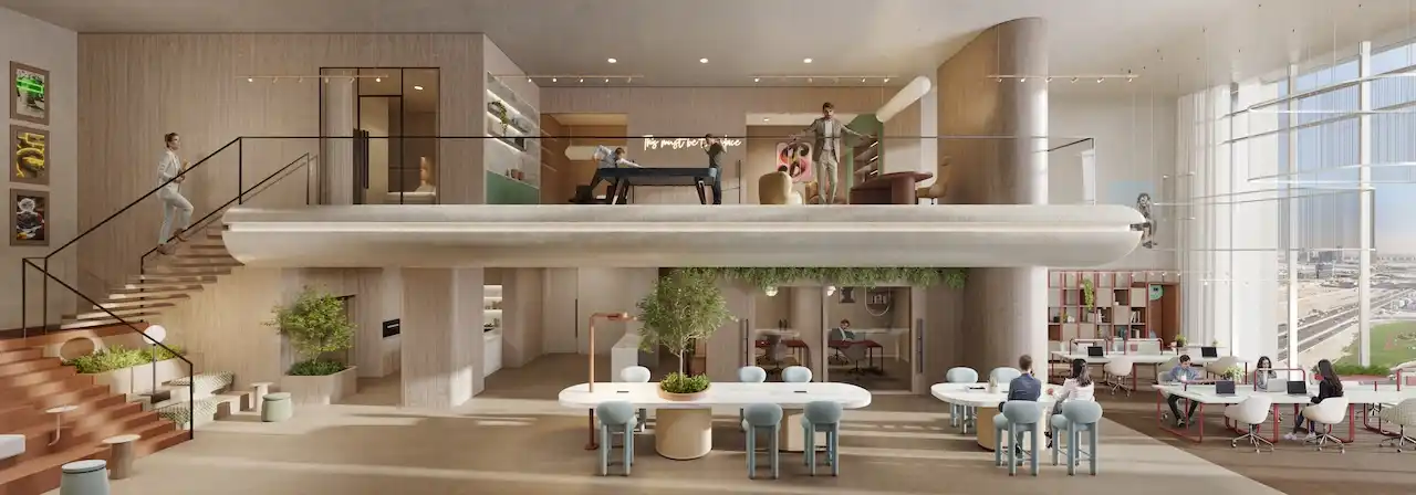 HQ by Rove premium loft interior featuring a double-height workspace with mezzanine level, open seating, and contemporary design in Dubai, Presented by Tohid Fetrat